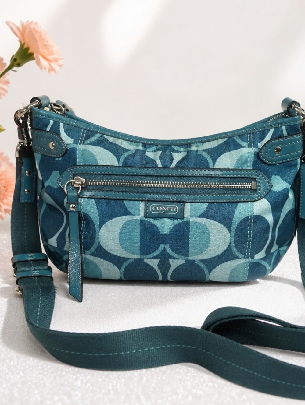 Vintage Coach Teal C Jacquard Crossbody Bag Y2k